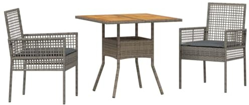 KKgypkn Gartenmöbel Set 3-teilig, Garten Tischgruppe grau, Poly-Rattan mit Akazienholz Tischplatte, inklusive 2 Stühle mit Polyesterkissen, für Terrasse und Garten