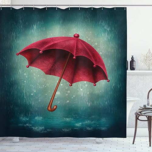 ABAKUHAUS Herbst Duschvorhang, Retro Herbst Regenschirm, Stoffliches Gewebe Badezimmerdekorationsset mit Haken, 175 x 200 cm, Teal