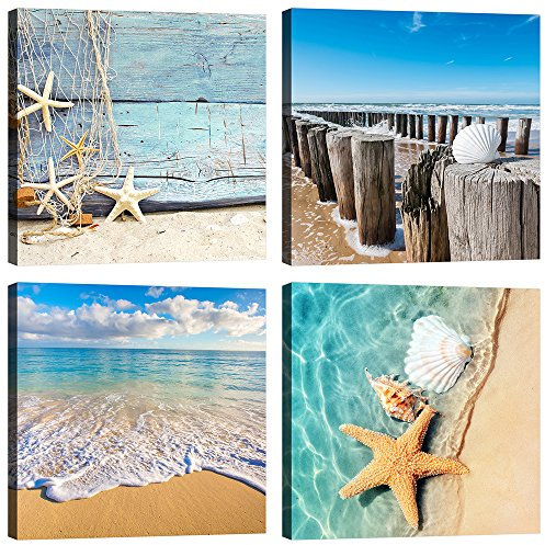 LuxHomeDecor Quadri Spiaggia Mare 4 Pezzi 30x30 cm Stampa su Tela con Telaio in Legno Arredamento Arte Arredo Moderno