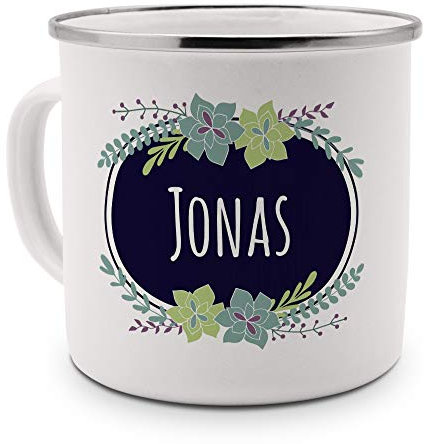 printplanet Emaille-Tasse mit Namen Jonas - Metallbecher mit Design Flowers - Nostalgie-Becher, Camping-Tasse, Blechtasse, Farbe Silber
