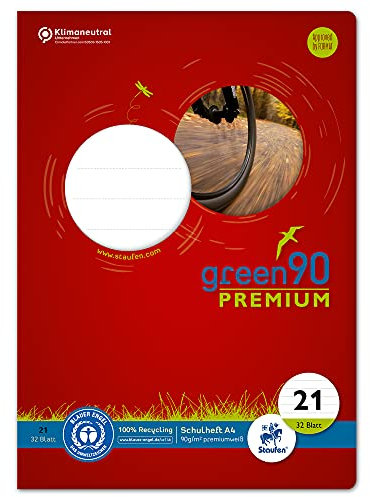 Staufen Green Heft - DIN A4, Lineatur 21 (9mm liniert), 32 Blatt, premiumweißes 90g/m² Recyclingpapier, runde Ecken verhindern Eselsohren, 4 verschiedene Motive (keine Auswahl möglich), 1 Stück