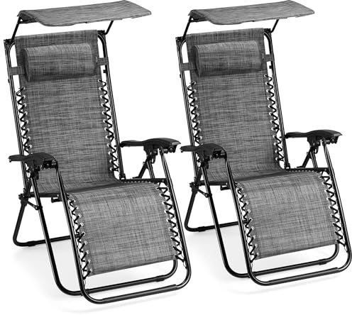 VonHaus Zero Gravity Chairs with Canopy Set of 2 - Grey Reclining Sun Loungers for Garden - Textilene Folding Sunloungers with Adjustable Sun Shade - 2 Set Deck Chairs for Outdoor, Patio & Decking