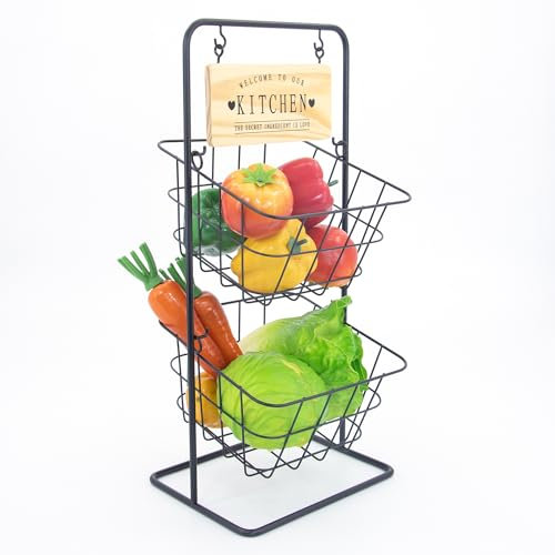 2 Tier Fruit basket Vintage Style Tiered Wire Vegetable Storage Baskets with Removable Baskets Free Standing Kitchen Storage Rack Compact Stylish Storage Rack - Black