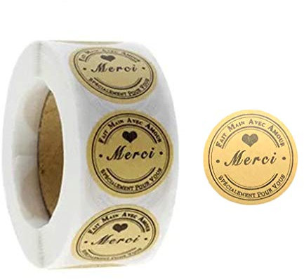 Yunnan 1 Rolle/500 Stück Merci-Aufkleber französische Dankeskarten runde Aufkleber Etiketten Dichtung DIY Handwerk Box Geschenk Backen Umschlag Paket Dekorationen