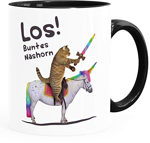 MoonWorks® Kaffee-Tasse Katze Satire Los buntes Einhorn Unicorn Nashorn Pferd Bürotasse lustige Kaffeebecher schwarz Keramik-Tasse