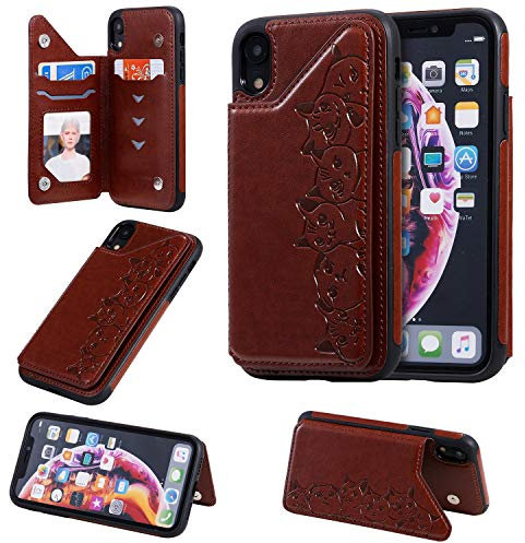 nancencen Kompatibel mit iPhone XR (6.1) Handyhülle, Kreditkartenschlitz TPU Zurück Flip Cover Halterungs Funktion Schutzhülle (Anti-Fall) Katzenkopf Muster - Braun