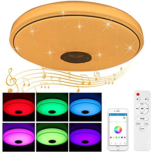 Plafonnier LED avec haut-parleur Bluetooth, Senlinren 60 W, plafonnier rond moderne avec télécommande, changement de couleur RVB, température blanc chaud froid pour salon, chambre de bébé