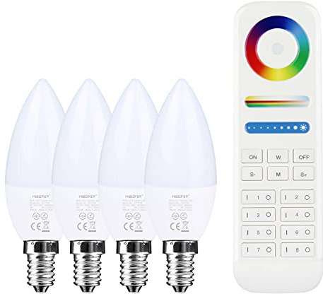 lighteu®, 4 bombillas LED RGBCCT Miboxer de 4 W E14, control remoto RF WiFi 2,4 G, con control remoto de 8 zonas (4X fut108+fut089)