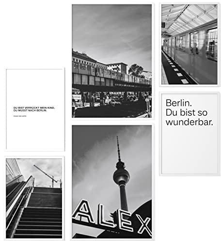 Papierschmiede® Mood Poster Set Berlin Schwarz-Weiß, Fertiges Bilder Set mit Rahmen (Holz, weiß), Wohnzimmer Deko Schlafzimmer, 2x DIN A3 und 4x DIN A4, U-Bahn BVG Fernsehturm