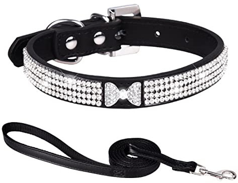 HALFSUMO Hundehalsband Leder Halsband Hund Lederhalsband Hund Funkelnd Hundehalsbänder mit Strasssteinen Besetzt für Haustiere Welpen Katzen Hundehalsband und Leine Set Combo Schwarz S CP326
