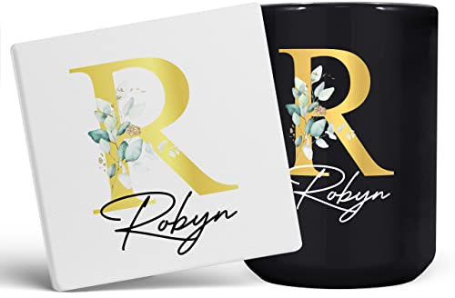 Personalisierte Buchstabe R BlumenTasse Initiale mit Namen, personalisiertes Geschenk, GoldEffekt gedruckter Buchstabe, NICHT Metallic KeramikKaffeetasse für Männer oder Frauen, extra große und