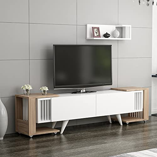 [en.casa] Conjunto de Mueble de Salón - Mesa TV 1 Estante de Pared 2 Mesas Auxiliares Rodantes - Aglomerado/Plástico 41 x 150 x 32 cm Blanco/Roble