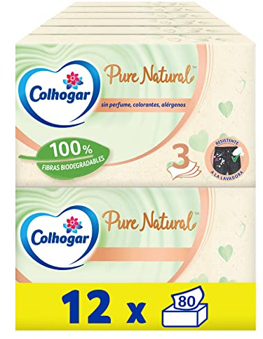 Colhogar Pure Natural 12 x 80 - Scatola per il viso morbida e biodegradabile, resistente alla lavatrice, realizzata con materiali riciclati, scatola con 960 fazzoletti per il viso, colore naturale