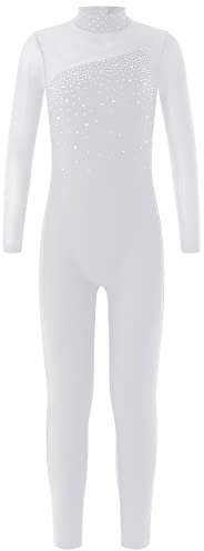 MSemis Kinder Mädchen Turnanzug Langarm Sportbody Ganzkörper Gymnastikanzug Ballettanzug Glitzer Trikot mit Stehkragen Trainingsanzug Weiß 158-164