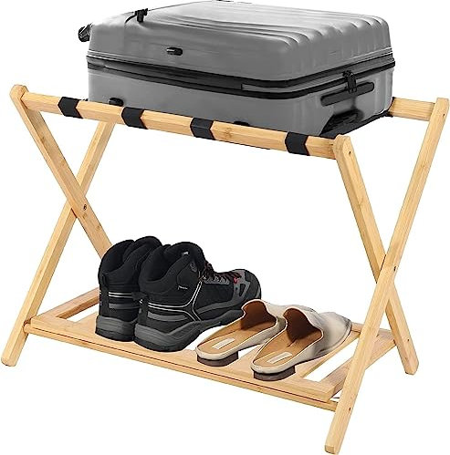 REDCAMP Porte-bagages pliable en bambou pour chambre d'hôtel, porte-valise pliable avec étagère pour maison, Support de valise chambre d'hôtel