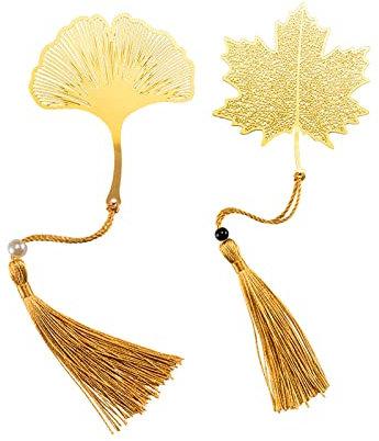 WUDQIJI 2 Stück Metall Lesezeichen Leaf Quaste Dekoration Blatt Gold Lesezeichen mit Anhänger für Buchliebhaber(Ginkgo biloba,Platanenblatt)