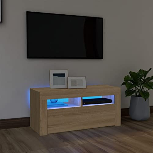 FIRBNUS Meuble TV avec Lumières LED Chêne Sonoma 90x35x40 cm Aggloméré Armoire Média Salon Amplement d’Espace pour Garder et Organiser Lecteur DVD Console de Jeu Appareil de Streaming