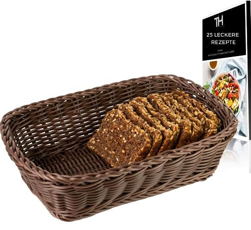 Thiru Aufbewahrungskorb Brotkorb (Braun Rechteckig) - handgeflochten modern - Multifunktional als Obstkorb Geschenkkorb Aufbewahrungskorb oder für das Bad - inkl. 25 Brotrezepte
