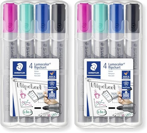 STAEDTLER flipchart Marker Lumocolor, farbintensive, schnelltrocknende, geruchsarme Tinte, schlägt nicht durch Papier durch, 4 flipchart Marker in aufstellbarer Box, 356 WP4-1