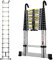 Telescopic Ladder 3.8M/12.5FT Aluminium Extension Loft Ladder with Stabilizer Bar and Detachable Hooks, Multi Purpose Extendable Portable Folding Ladders, 13 Steps, EN131, Aluminium