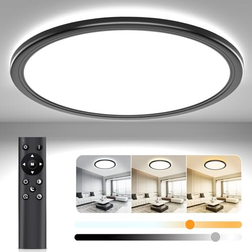 OUILA Plafonnier Led Telecommande, Dimmable Plafonnier Télécommande 24W Réglable Ø30cm 3000K-6500K Plafond Led Moderne Rond 2400LM Applicable Salle de Bain, Chambre, Cuisine, Salon(Noir)