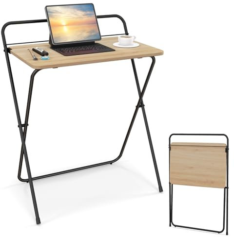 CASART Folding Computer Desk, No-Assembly Required Study Desk Writing Table with Wide Desktop, Small Laptop Workstation Portable Sofa Side Table for Small Places (Natural, 1 Tier:64 x 43 x 80cm)