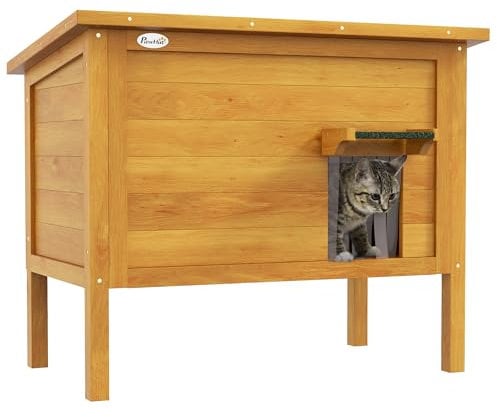 PawHut Casa per gatti Niche da esterno in legno rialzata con tetto apribile, isolata con tetto asfalto, 85 x 50 x 68,5 cm, naturale verde