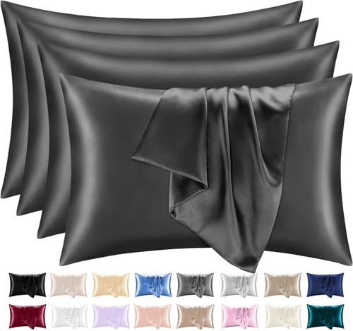 Lazzaro Satin Silk Pillowcases for Hair and Skin - Hypoallergenic Silk Pillow Cases 4 Pack with Envelope Closure - Ultrasoft Standard Size Charcoal Silk Pillowcases (50 x 75 cm)