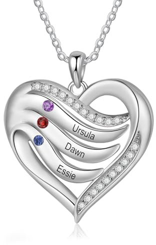 Personalisierte Geburtsstein Halskette für Mama mit Namen Benutzerdefinierte Herz Anhänger Halskette für Mutter Tochter Mama Halskette Geschenke für Muttertag Geburtstag, Edelstahl, Zirkonia