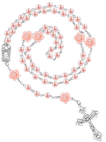 ARHZ 1 Stück Rosenkranz Katholisch, Rosa Rosenkranz Halskette, Rosenkranz Kette, Elegante Kreuz Gebetskette Glas Perlen Katholischer Rosenkranz Heiliges Kommunion Geschenk Für Damen Mädchen