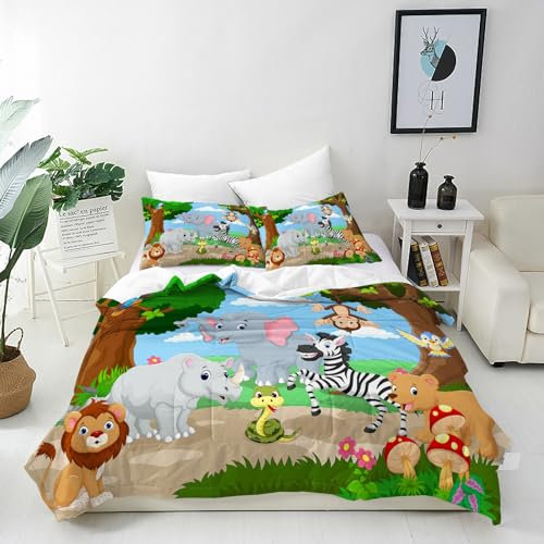 ANHOPE Dschungel Wald Safari Tier Bettwäsche Set 3 Teilig Bettbezug 155x220 cm + 2 Kissenbezug 80x80 cm Weich Microfaser Bettbezüge mit Reißverschluss Bettdeckenbezug Set für Kinder Jungen Mädchen