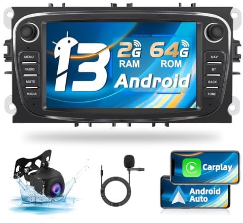 Podofo 2+64G Autoradio per Ford Focus C-Max S-Max Mondeo Kuga Galaxy Mondeo 9 Kuga con Wireless Carplay Android Auto, Radio Android 13 con Schermo da 7, GPS, WiFi + Telecamera Posteriore e Microfono