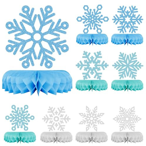 HONMOK 9 Stück Schneeflocken Deko Bienenwaben Blau Weiß Schneeflocke Papier Waben Mittelstücke Schneeflockendeko Tischdekoration für Eiskönigin Party Winter Deko Weihnachten