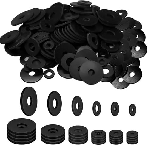 120Pcs Flat Rubber Washer Kit, 30/25/20/16/12/10mm Rubber Flat Washers Heavy Duty Black Grommet Vibration Damping Pads Duty Rubbers Washers for Bolts Appliances Faucets Glass Shower Door