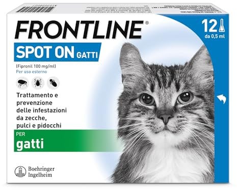 FRONTLINE Spot On, 12 Pipette, Gatto, Antiparassitario per Gatti e Gattini di Lunga Durata, Protegge da Zecche, Pulci e Pidocchi, Antipulci in Confezione da 12 Pipette da 0.5 ml