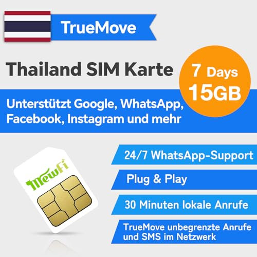 Thailand SIM-Karte 7 Tage 15 GB–Plug-and-Play&24/7 Whatsapp-Support–5G,30 Min.lokale Gespräche,unbegrenzte netzinterne Anrufe & SMS–Nutzung von Google,Ins,Twitter