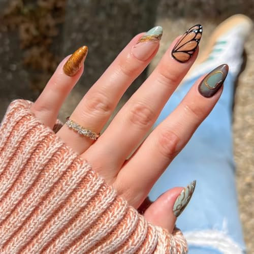 24STK Mittellange Almond Press on Nails Lake Blau Künstliche Nägel Schmetterling Fingernägel zum Aufkleben Glitzer Gold Klebe Nägel Set Acrylnagelspitzen Damen Frühling Sommer Nagel Zubehör