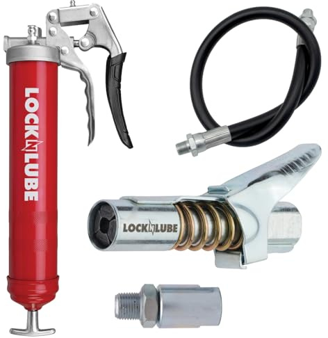 LockNLube Fettpresse mit Pistolengriff, robust, Rot. Inklusive unserer patentierten LockNLube-Fettkupplung (verriegelt, bleibt an, läuft nicht aus). Inklusive hochwertigem 50,8 cm Schlauch und