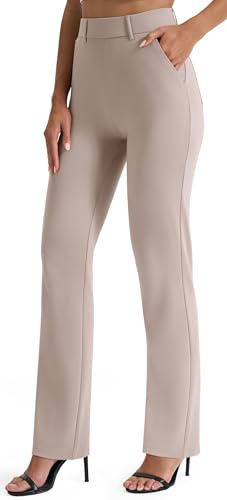 AFITNE Straight Leg Work Trousers for Women UK - Ladies Business Office Casual Bootcut Flared Yoga Pants Pull On Womens Smart Trousers with Pockets - 29 Inches Light Khaki S