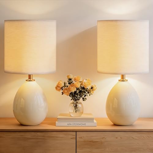 Dawnwake Nachttischlampe 2er Set, Dimmbare Led Tischlampe mit Keramikbasis, Leinen-Lampenschirm, für Schlafzimmer Wohnzimmer Büro, 47 cm Hoch, Milchweiß