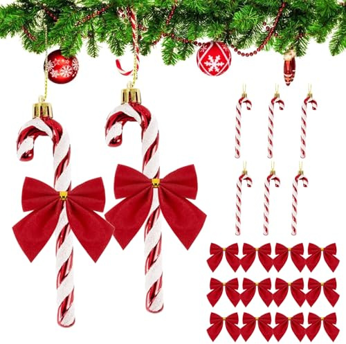 18Pcs Christmas Decorations Candy Canes, Christmas Plastic Candy Cane, Glitter Candy Cane Christmas Tree Decorations, for Xmas Tree Home Decor, Red