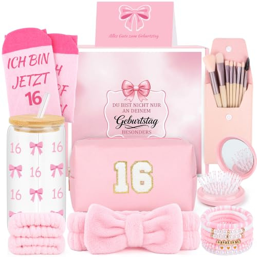 MIRTHIA Geschenke für 16 Jährige Mädchen - Geschenk 16 Jahre Mädchen mit Glas Haarband Pinselset Makeup Kosmetiktasche Haarbürste Armband Socken 16 Geburtstag Mädchens Geschenk Mädchens 16 Jahre