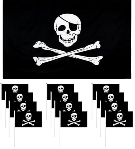 Piratenflagge, 1 Stück Schädel und Kreuzknochen Flagge 5 x 3 Fuß mit Metallaugen und 12 Stück Kleine One Piece Flag auf Stick Handheld 5,5 x 8 Zoll Piraten Deko für Halloween Geburtstag ﻿