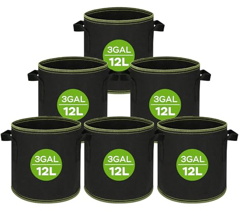 GOLXUWO Lot de 6 Sacs de Plantation en Tissu Non Tissé Épais 3 Gallons (12L) Ø22cm×H25cm avec Poignées, Lavables Pliables Respirants,Pots pour Plantes, Fleurs, légumes