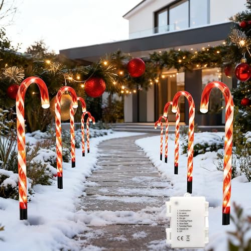 10 Pieces Christmas Pathway Lights 55cm, Red Candy Cane Stakes Battery Operated, Garden Outdoor Christmas Decorations Patio Pathway Drive Way Lights