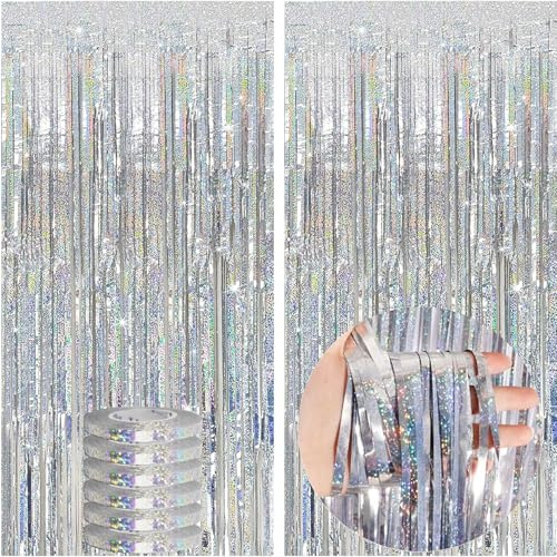 wenweo Lametta Vorhang Silber 2.5x1m (2 Stück), Glitzervorhang Lametta ideal für Silvester, Karneval, Fasching, Hochzeit Deko, Partydekorationen und alle Arten von festlichen Dekorationen