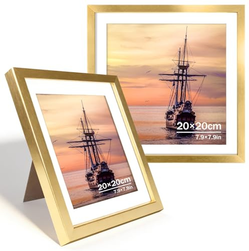 FOSER Bilderrahmen 20×20 cm, 2 Stück, Versatile Neuer Bilderrahmen Gold, für Wand und Tisch, mit Wandhaken und Halterungen (Gold, 20×20cm / 2x)