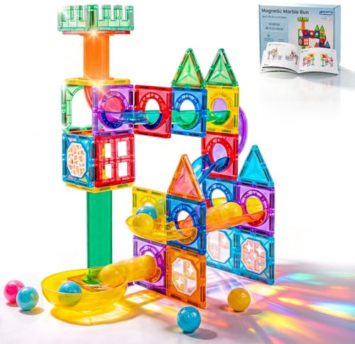 LARCIVELLE Magnetbausteine Kugelbahn Regenbogen Marble Run 66 Teile | 7,5cm Magnetische Bausteine Erweiterung Magnet Murmelbahn