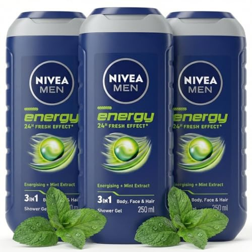NIVEA MEN Energy Shower Gel Pack of 3 (3 x 250ml) - 3-in-1 Body, Face & Hair Wash for Men with Mint Extract, Energising 24H Fresh Shower Gel Multipack