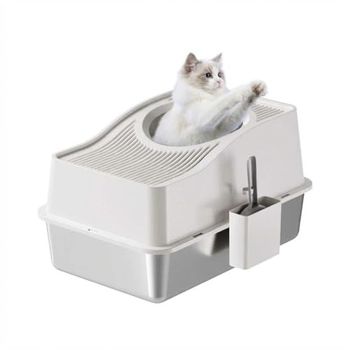 Top Entry Cat Litter Tray, Fully Enclosed Litter Box with Detachable Lid, Large Cat Litter Tray with Scoop & Non-Slip Mat,Stainless Steel Cat Toilet -Easy Clean for Cats Up to 33 Lbs,White